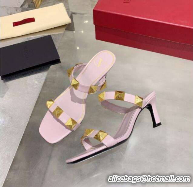 Shop Duplicate Valentino Rockstud Double Strap Heel Slide Sandals  6.5 cm 061524 Pink 2021