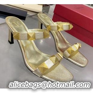 Popular Style Valentino Rockstud Double Strap Heel Slide Sandals  6.5 cm 061524 Gold 2021