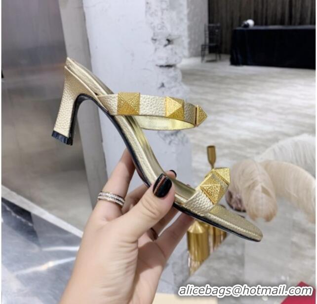 Popular Style Valentino Rockstud Double Strap Heel Slide Sandals  6.5 cm 061524 Gold 2021