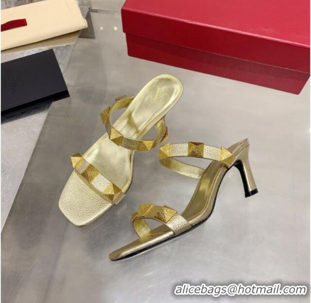 Popular Style Valentino Rockstud Double Strap Heel Slide Sandals  6.5 cm 061524 Gold 2021