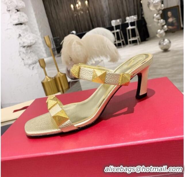 Popular Style Valentino Rockstud Double Strap Heel Slide Sandals  6.5 cm 061524 Gold 2021