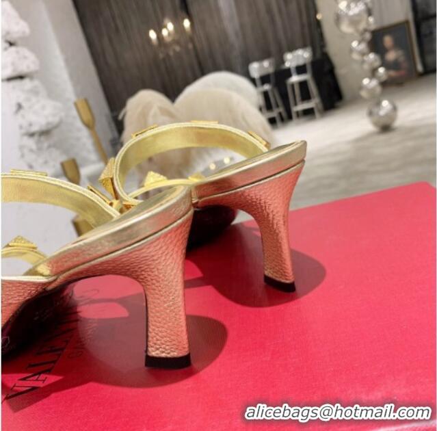 Popular Style Valentino Rockstud Double Strap Heel Slide Sandals  6.5 cm 061524 Gold 2021