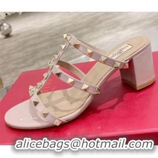 Unique Style Valentino Rockstud Patent Leather Slide Sandal 6cm 061531 Light Pink 2021