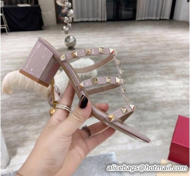 Unique Style Valentino Rockstud Patent Leather Slide Sandal 6cm 061531 Light Pink 2021