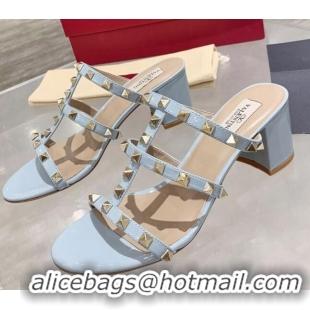 Good Looking Valentino Rockstud Patent Leather Slide Sandal 6cm 061531 Light Blue 2021