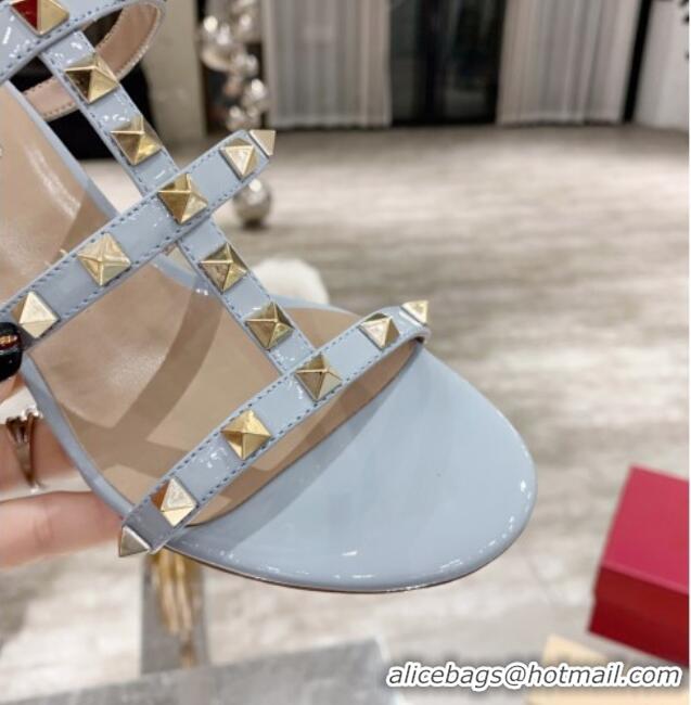 Good Looking Valentino Rockstud Patent Leather Slide Sandal 6cm 061531 Light Blue 2021