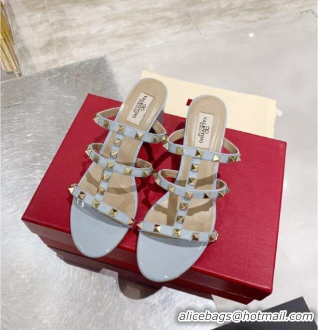 Good Looking Valentino Rockstud Patent Leather Slide Sandal 6cm 061531 Light Blue 2021