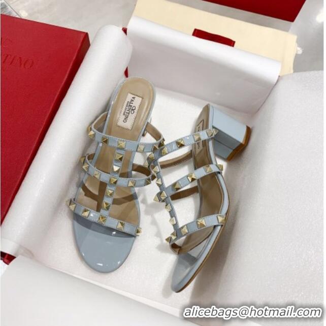 Good Looking Valentino Rockstud Patent Leather Slide Sandal 6cm 061531 Light Blue 2021