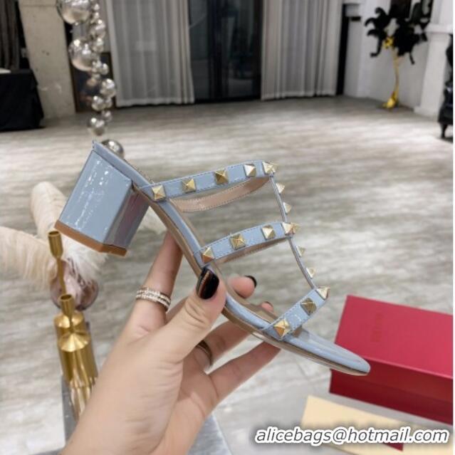 Good Looking Valentino Rockstud Patent Leather Slide Sandal 6cm 061531 Light Blue 2021