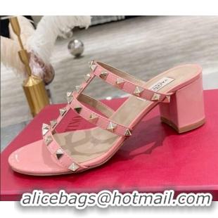 Good Product Valentino Rockstud Patent Leather Slide Sandal 6cm 061535 Pale Pink