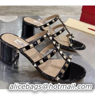 Top Quality Valentino Rockstud Patent Leather Slide Sandal 6cm 061535 Black