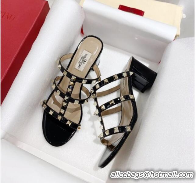 Top Quality Valentino Rockstud Patent Leather Slide Sandal 6cm 061535 Black