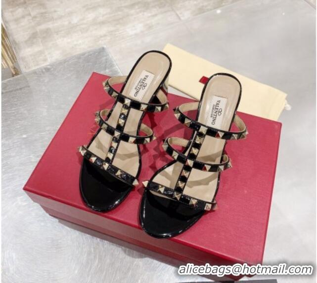 Top Quality Valentino Rockstud Patent Leather Slide Sandal 6cm 061535 Black