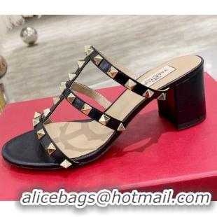 Super Quality Valentino Rockstud Calfskin Slide Sandal 6cm Black 061540