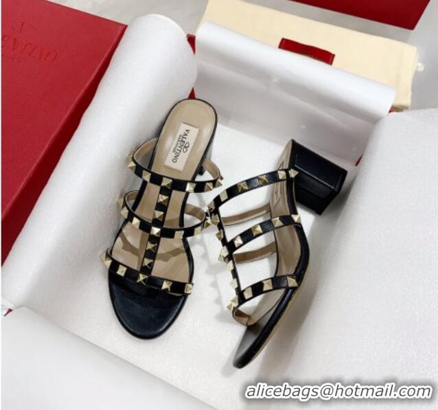 Super Quality Valentino Rockstud Calfskin Slide Sandal 6cm Black 061540