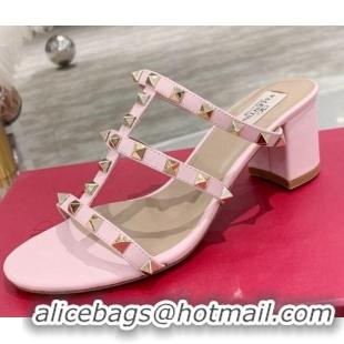 Best Quality Valentino Rockstud Calfskin Slide Sandal 6cm Light Pink 061541