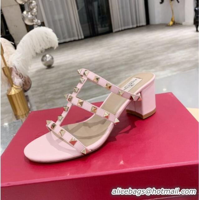 Best Quality Valentino Rockstud Calfskin Slide Sandal 6cm Light Pink 061541