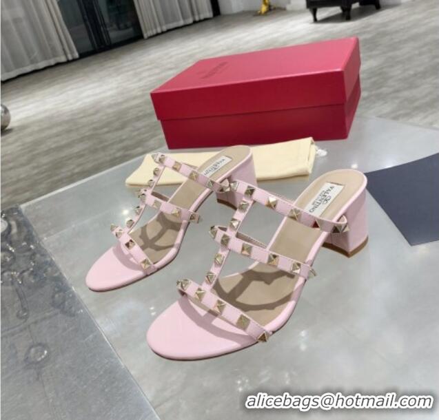 Best Quality Valentino Rockstud Calfskin Slide Sandal 6cm Light Pink 061541