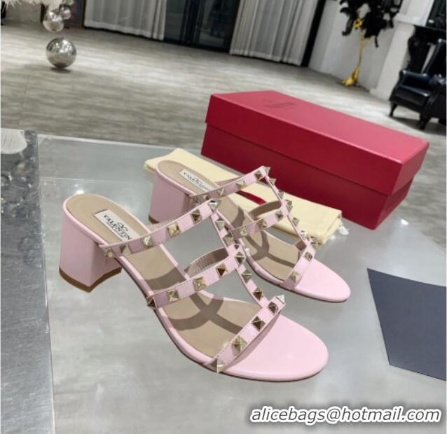 Best Quality Valentino Rockstud Calfskin Slide Sandal 6cm Light Pink 061541