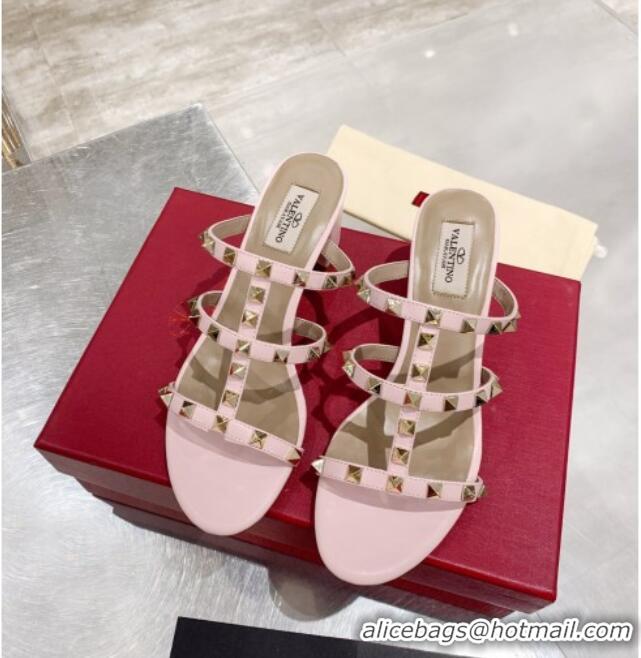 Best Quality Valentino Rockstud Calfskin Slide Sandal 6cm Light Pink 061541