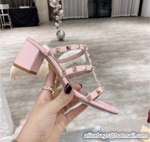 Best Quality Valentino Rockstud Calfskin Slide Sandal 6cm Light Pink 061541