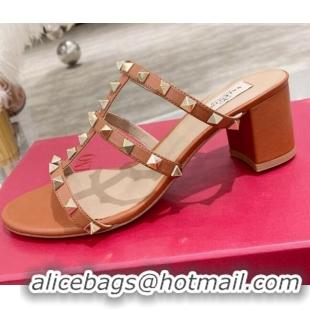 Popular Valentino Rockstud Calfskin Slide Sandal 6cm Brown 061543