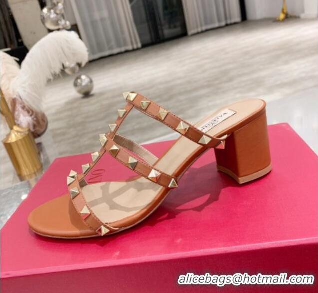 Popular Valentino Rockstud Calfskin Slide Sandal 6cm Brown 061543