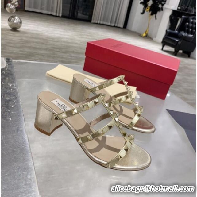 New Style Valentino Rockstud Calfskin Slide Sandal 6cm Gold 061545