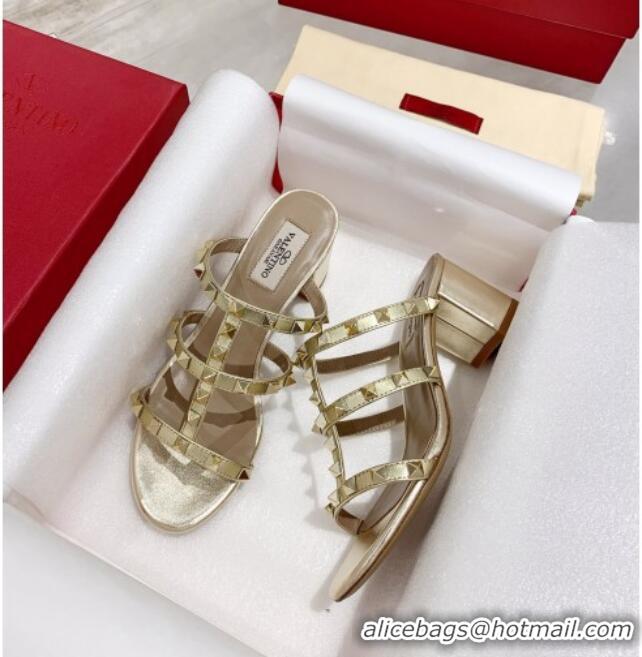 New Style Valentino Rockstud Calfskin Slide Sandal 6cm Gold 061545