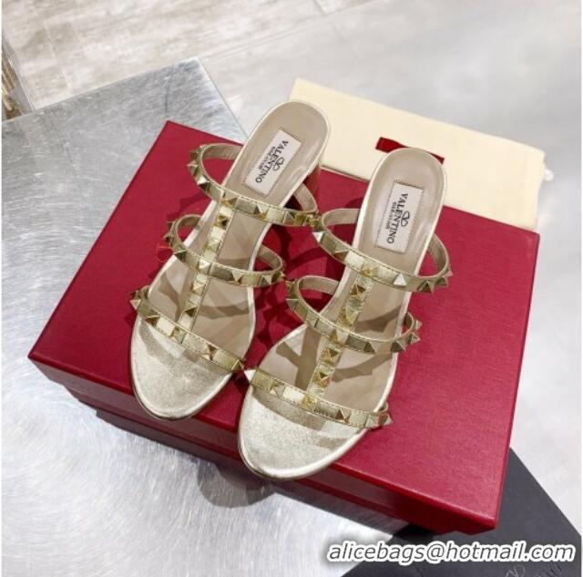 New Style Valentino Rockstud Calfskin Slide Sandal 6cm Gold 061545