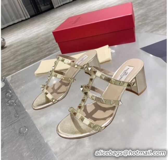 New Style Valentino Rockstud Calfskin Slide Sandal 6cm Gold 061545