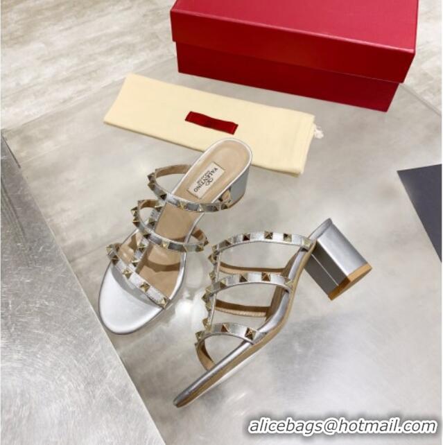 Best Luxury Valentino Rockstud Calfskin Slide Sandal 6cm Silver 061546