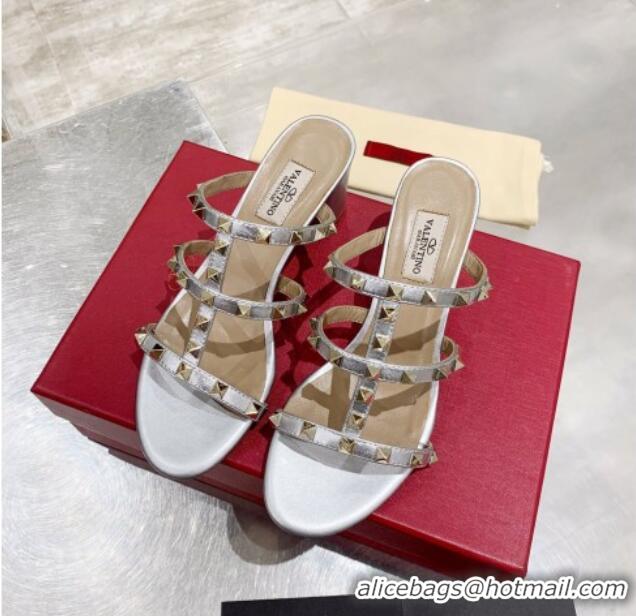 Best Luxury Valentino Rockstud Calfskin Slide Sandal 6cm Silver 061546