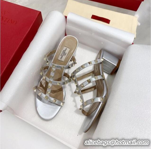 Best Luxury Valentino Rockstud Calfskin Slide Sandal 6cm Silver 061546