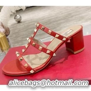 Discount Valentino Rockstud Calfskin Slide Sandal 6cm Red 061546