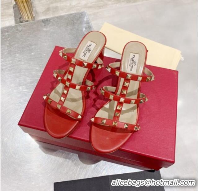 Discount Valentino Rockstud Calfskin Slide Sandal 6cm Red 061546