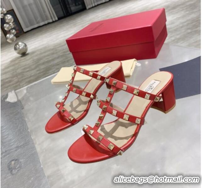 Discount Valentino Rockstud Calfskin Slide Sandal 6cm Red 061546