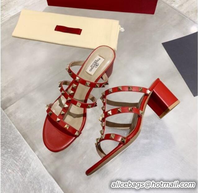 Discount Valentino Rockstud Calfskin Slide Sandal 6cm Red 061546