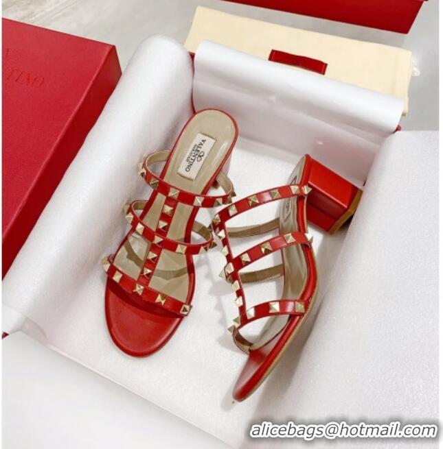 Discount Valentino Rockstud Calfskin Slide Sandal 6cm Red 061546