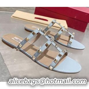 Perfect Valentino Rockstud Patent Leather Flat Slide Sandal Light Blue 061548