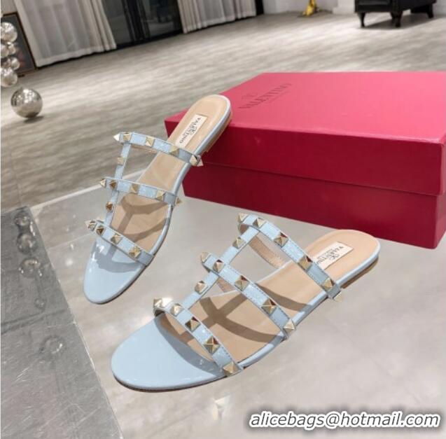 Perfect Valentino Rockstud Patent Leather Flat Slide Sandal Light Blue 061548