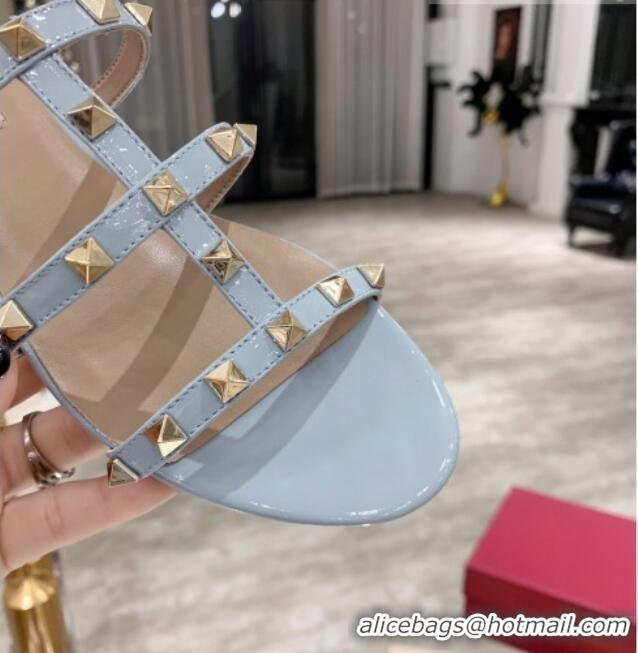 Perfect Valentino Rockstud Patent Leather Flat Slide Sandal Light Blue 061548