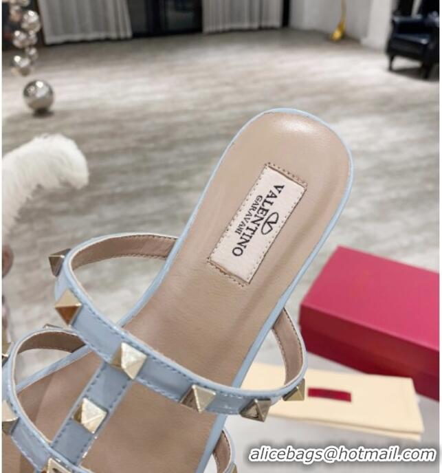 Perfect Valentino Rockstud Patent Leather Flat Slide Sandal Light Blue 061548