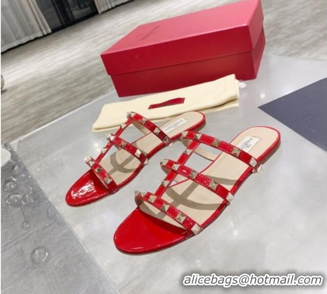 Low Price Valentino Rockstud Patent Leather Flat Slide Sandal 061548 Red