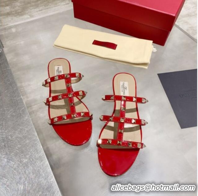 Low Price Valentino Rockstud Patent Leather Flat Slide Sandal 061548 Red