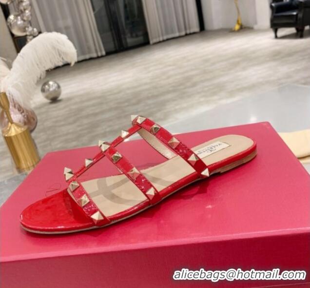 Low Price Valentino Rockstud Patent Leather Flat Slide Sandal 061548 Red