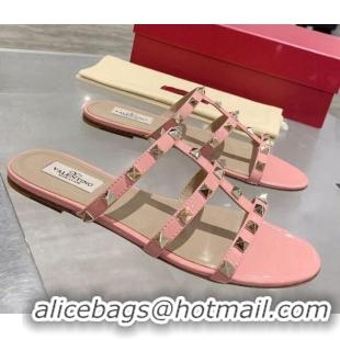 Fashion Valentino Rockstud Patent Leather Flat Slide Sandal 061548 Light Pink