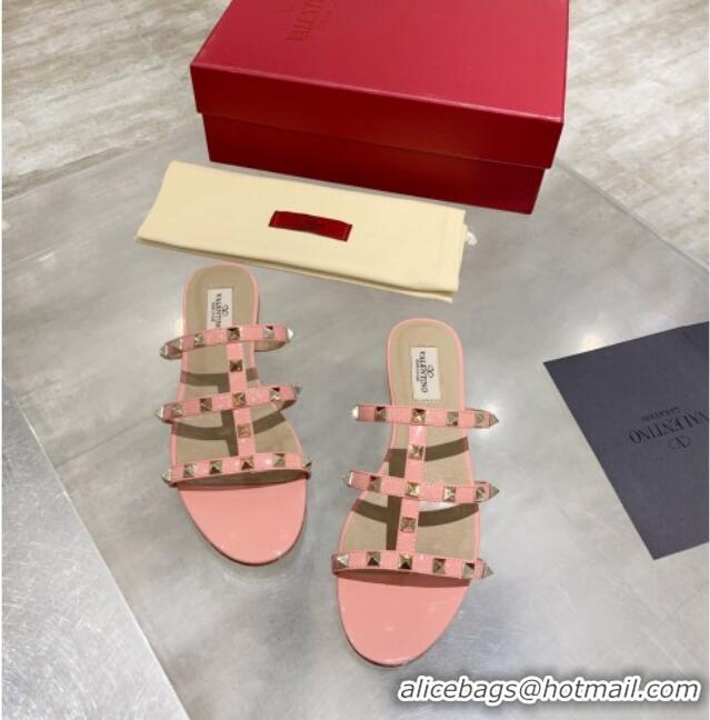 Fashion Valentino Rockstud Patent Leather Flat Slide Sandal 061548 Light Pink