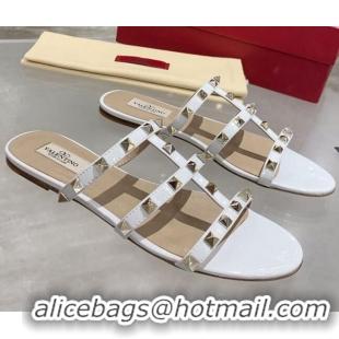 Good Quality Valentino Rockstud Patent Leather Flat Slide Sandal 061548 White