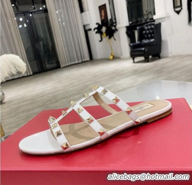 Good Quality Valentino Rockstud Patent Leather Flat Slide Sandal 061548 White